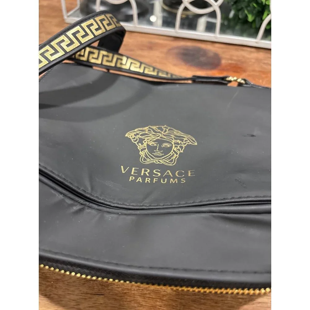 Versace Parfums Black Nylon Crossbody Bag With Gold Medusa Logo Greek Key Strap - Picture 2 of 15